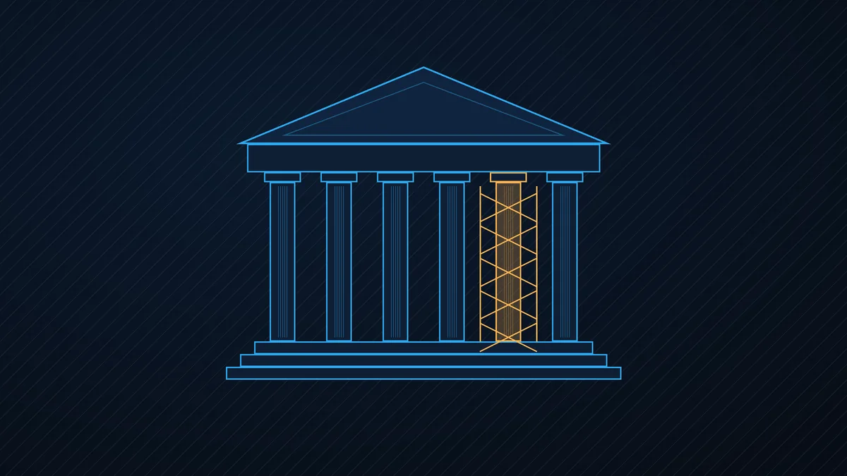 Illustrazione: il colonnato di un edificio monumentale con una colonna sotto restauro