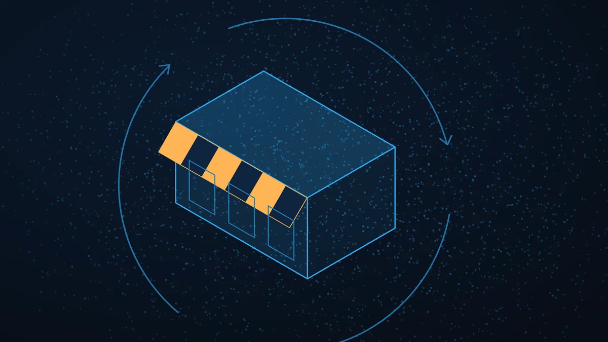 Illustrazione: un negozio con la tenda a strisce dentro il ciclo di vita dell'edificio