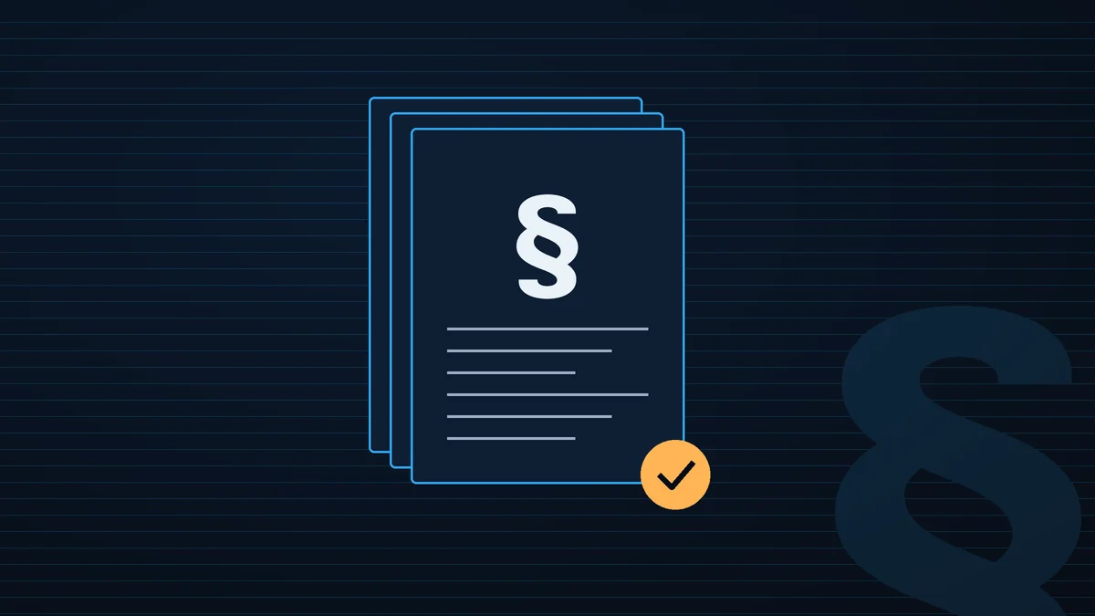 Illustrazione: documenti normativi con il simbolo del paragrafo e un segno di approvazione