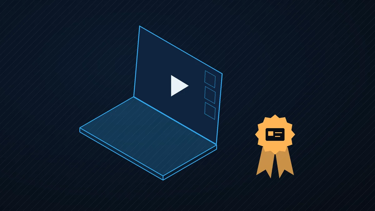 Illustrazione: un portatile con un video e una coccarda di certificazione