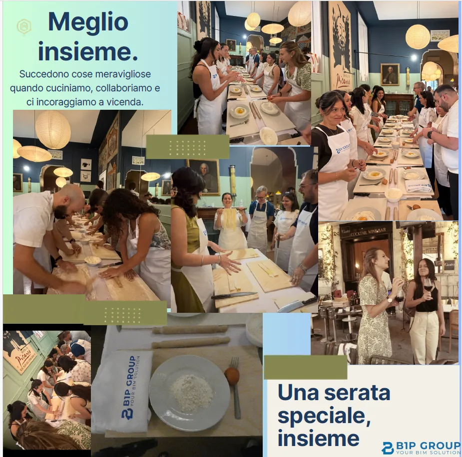 Collage della serata: il team prepara la pasta fresca ai tavoli della masterclass
